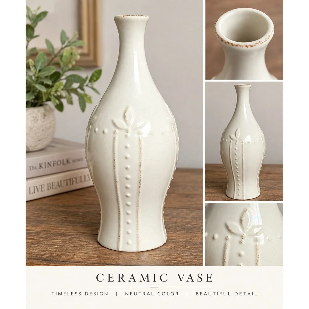 White Ceramic Bud Vase Embossed Floral Dotted Detail Iridescent Gloss 11.5 inch